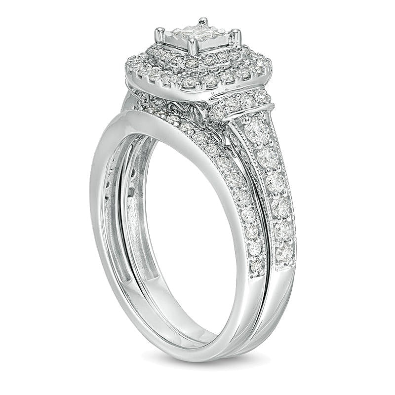 1.0 CT. TW Princess-Cut Diamond Double Frame Collar Vintage-Style Bridal Set in 10K White Gold