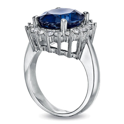 Oval Blue Sapphire and 0.63 CT. TW Diamond Frame Engagement Ring in 14K White Gold