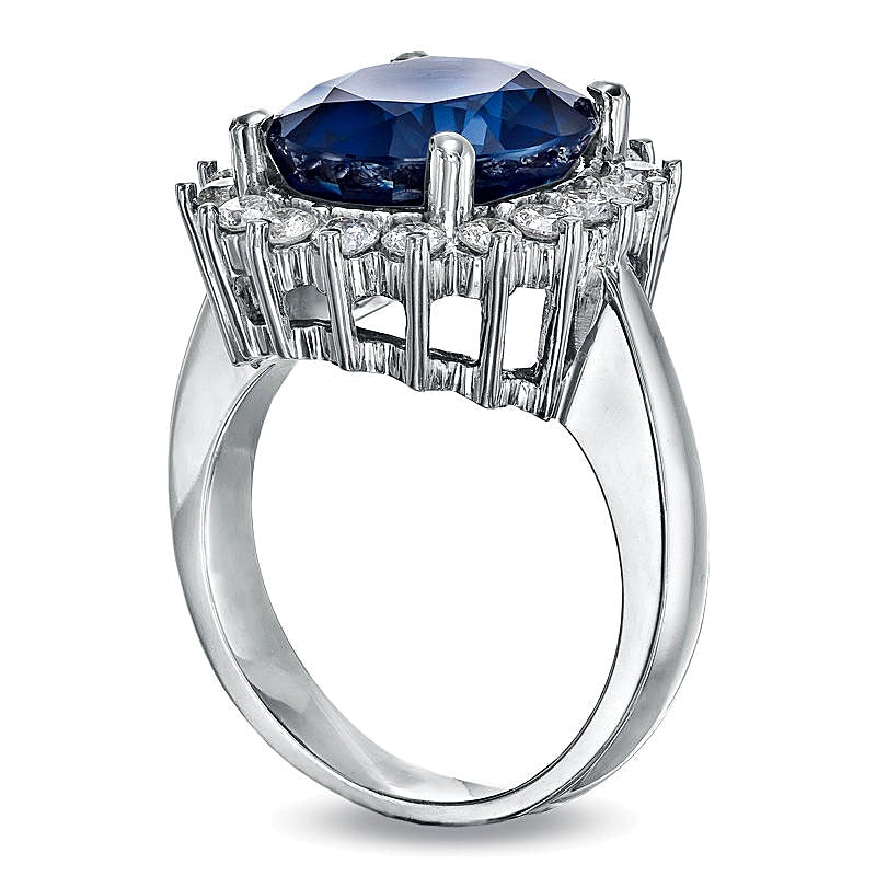 Oval Blue Sapphire and 0.63 CT. TW Diamond Frame Engagement Ring in 14K White Gold