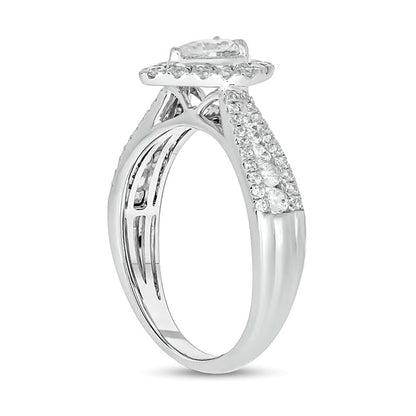 1.0 CT. TW Pear-Shaped Diamond Frame Triple Row Tapered Shank Vintage-Style Engagement Ring in 10K White Gold