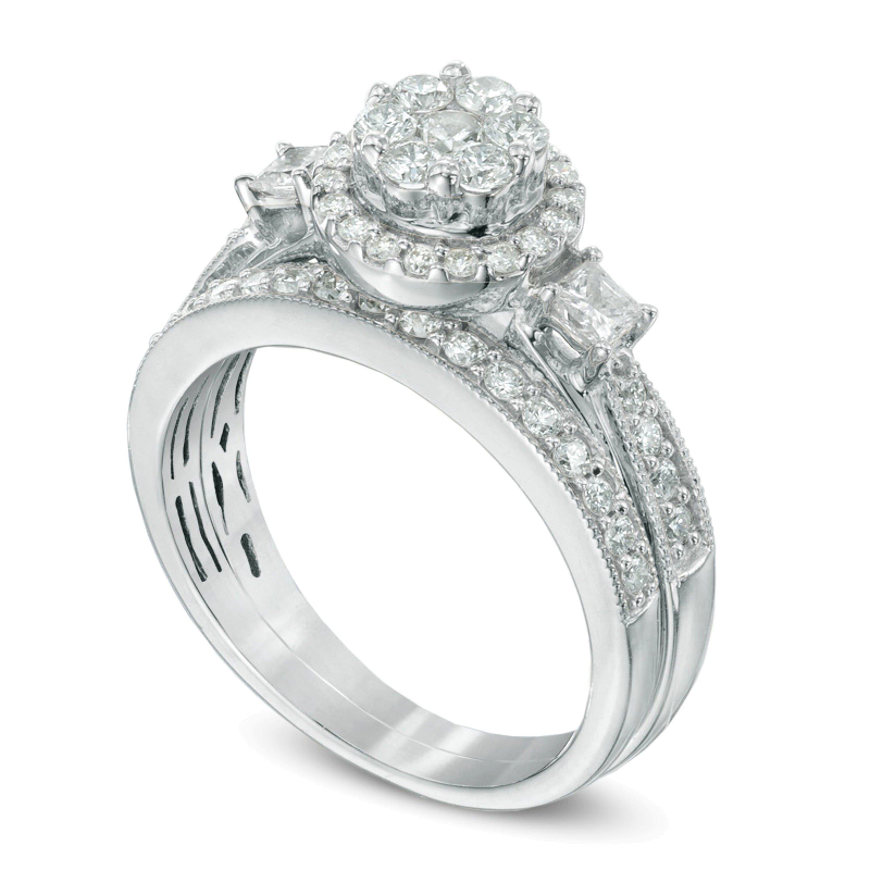 1.0 CT. TW Round and Princess-Cut Diamond Flower Bridal Set in 10K White Gold