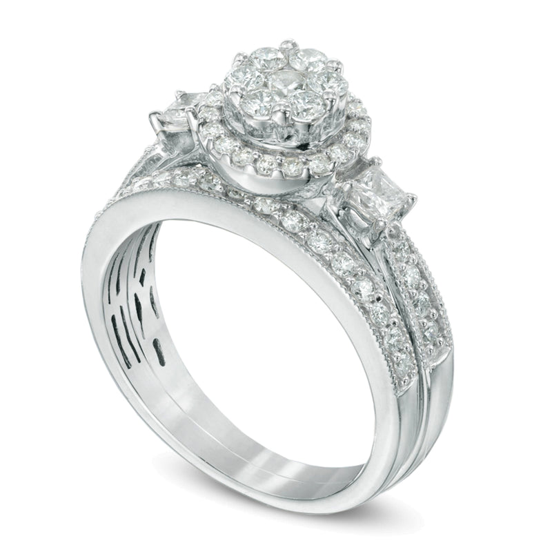 1.0 CT. TW Round and Princess-Cut Diamond Flower Bridal Set in 10K White Gold