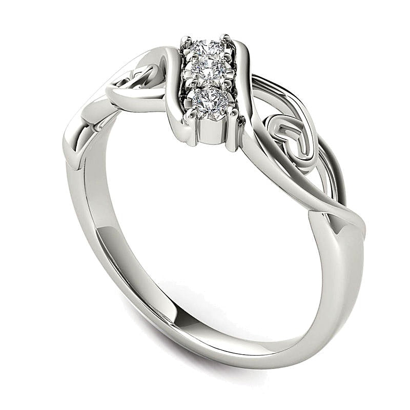 0.1 CT. TW Diamond Three Stone Bypass with Hearts Ring in 14K White Gold