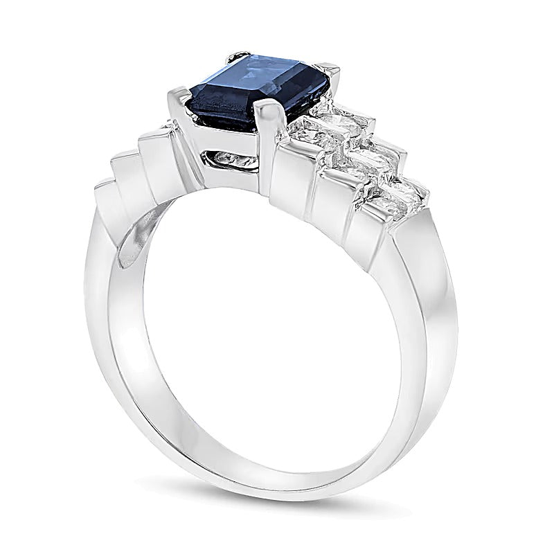 Emerald-Cut Blue Sapphire and 0.63 CT. TW Diamond Staggered Double Row Ring in 14K White Gold