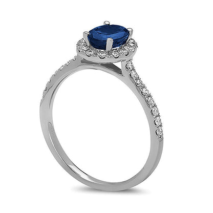 Oval Blue Sapphire and 0.38 CT. TW Diamond Frame Engagement Ring in 14K White Gold