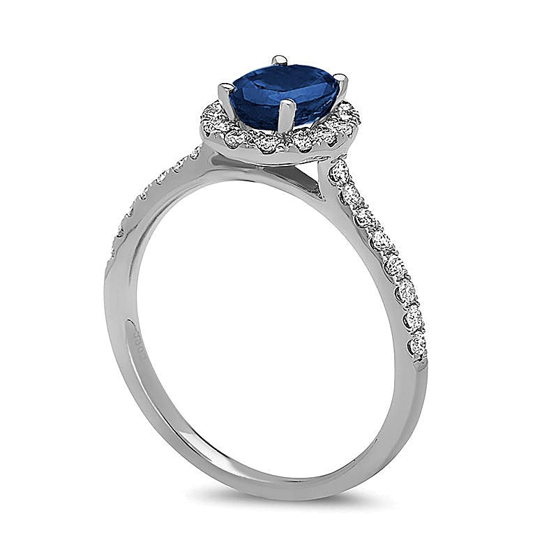 Oval Blue Sapphire and 0.38 CT. TW Diamond Frame Engagement Ring in 14K White Gold