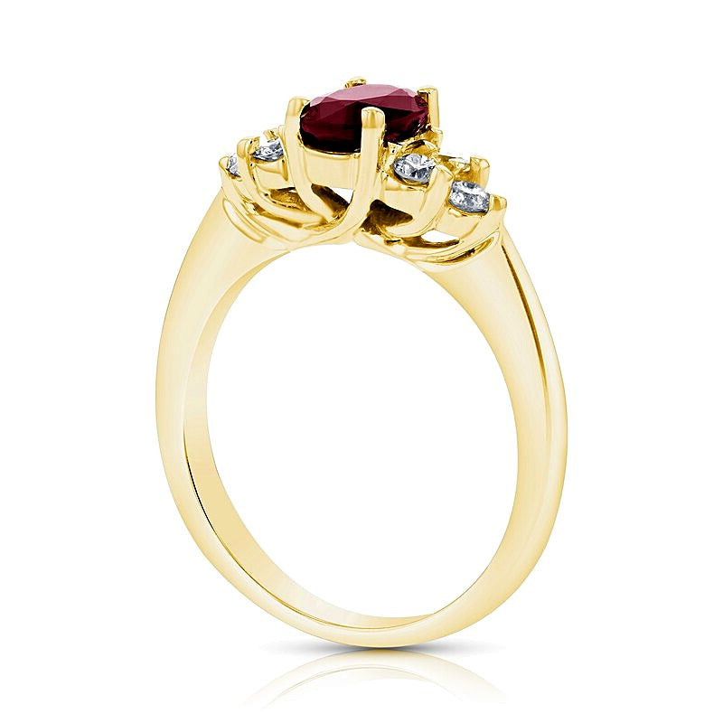 Oval Ruby and 0.33 CT. TW Diamond Tri-Sides Engagement Ring in 14K Gold