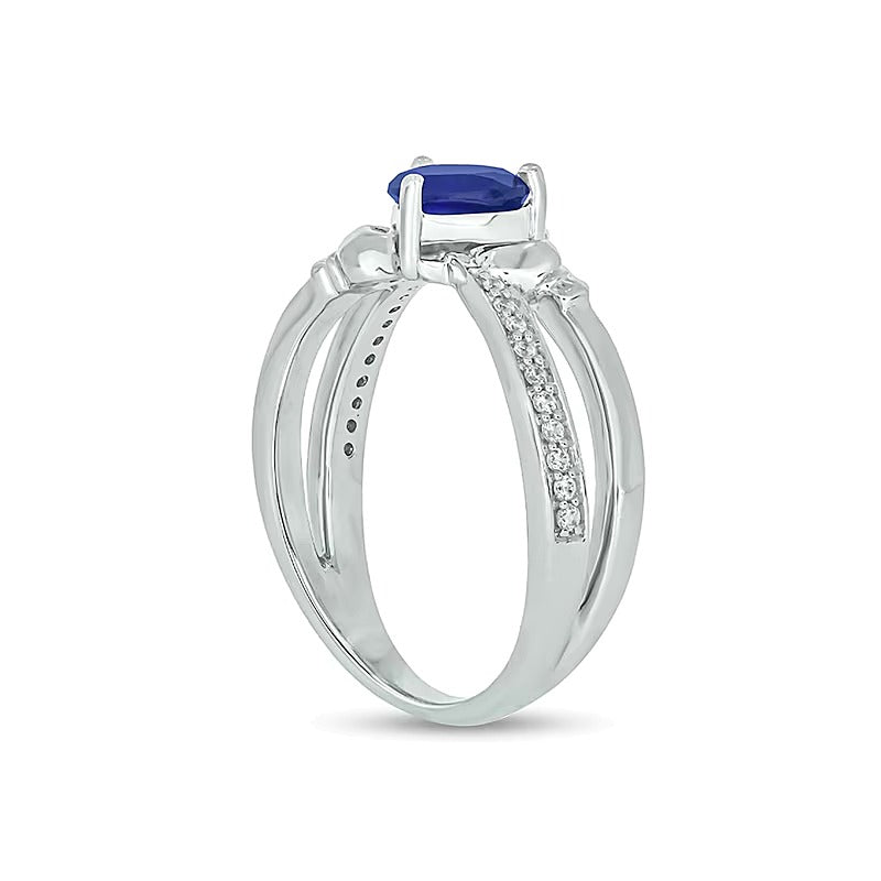 5.0mm Heart-Shaped Blue Lab-Created Sapphire and 0.1 CT. TW Diamond Criss-Cross Claddagh Ring in Sterling Silver