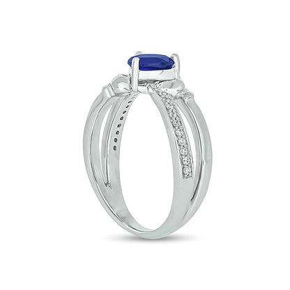 5.0mm Heart-Shaped Blue Lab-Created Sapphire and 0.1 CT. TW Diamond Criss-Cross Claddagh Ring in Sterling Silver