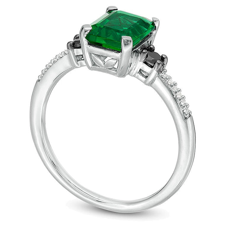 Emerald-Cut Lab-Created Emerald and 0.13 CT. TW Enhanced Black and White Diamond Ring in 10K White Gold