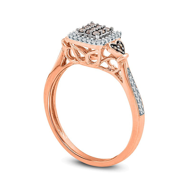 0.25 CT. TW Composite Champagne and White Diamond Cushion Frame Heart Sides Promise Ring in 10K Rose Gold
