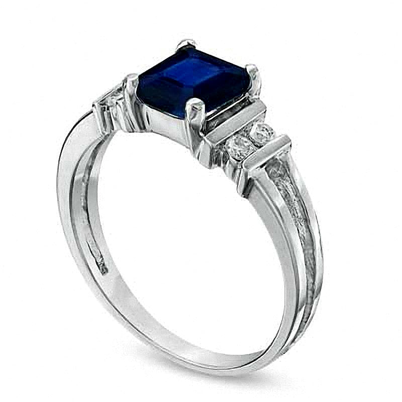 Emerald-Cut Blue Sapphire and 0.1 CT. TW Diamond Engagement Ring in 14K White Gold