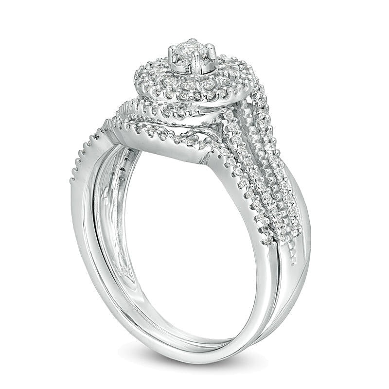 0.5 CT. TW Diamond Double Frame Bypass Vintage-Style Bridal Set in 10K White Gold