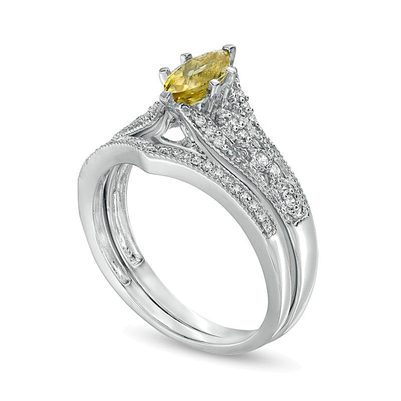 Marquise Yellow Beryl and 0.2 CT. TW Diamond Vintage-Style Bridal Set in 10K White Gold