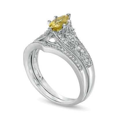 Marquise Yellow Beryl and 0.2 CT. TW Diamond Vintage-Style Bridal Set in 10K White Gold