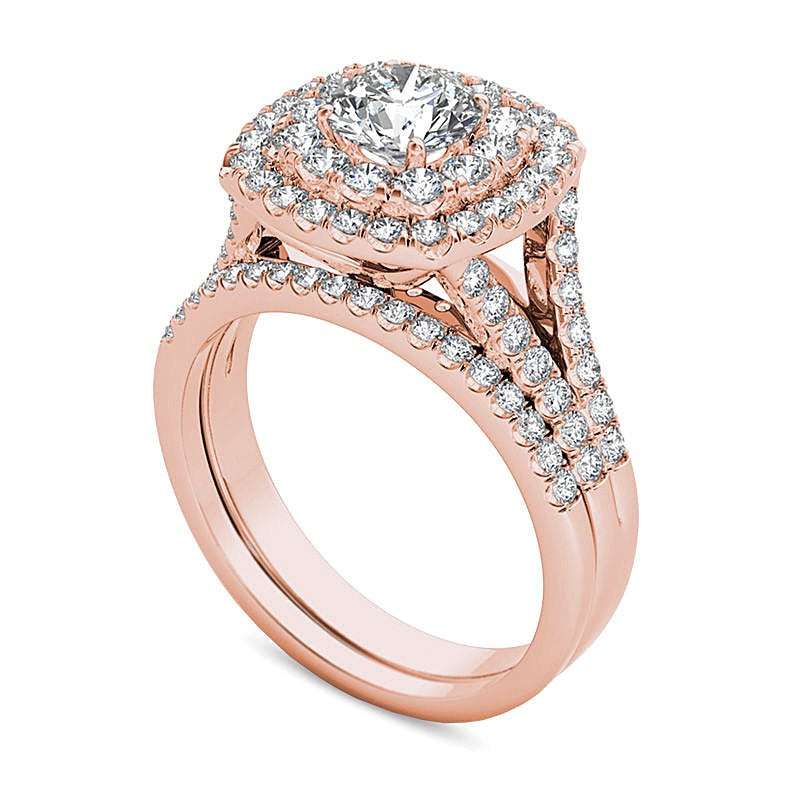 2.0 CT. TW Diamond Double Cushion Frame Split Shank Bridal Set in 14K Rose Gold