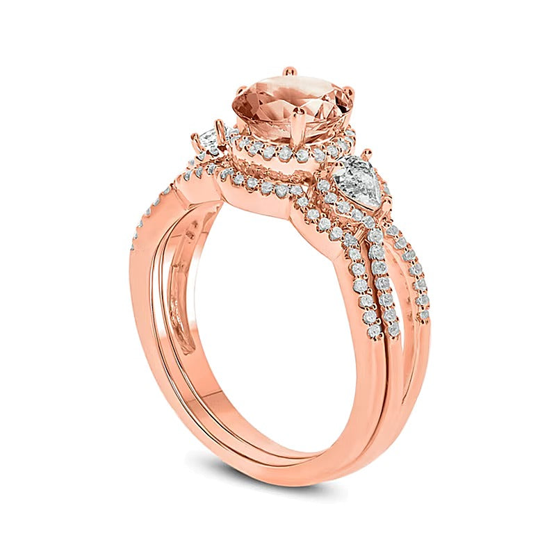 6.0mm Morganite, White Topaz and 0.33 CT. TW Diamond Frame Three Stone Bridal Set in 10K Rose Gold