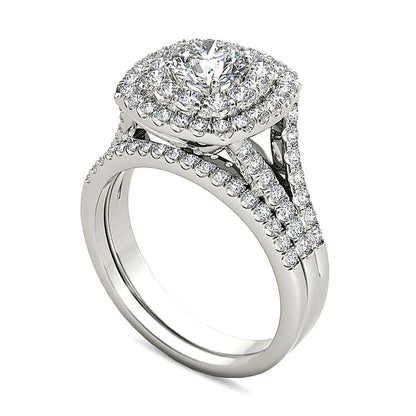 2.0 CT. TW Diamond Double Cushion Frame Split Shank Bridal Set in 14K White Gold