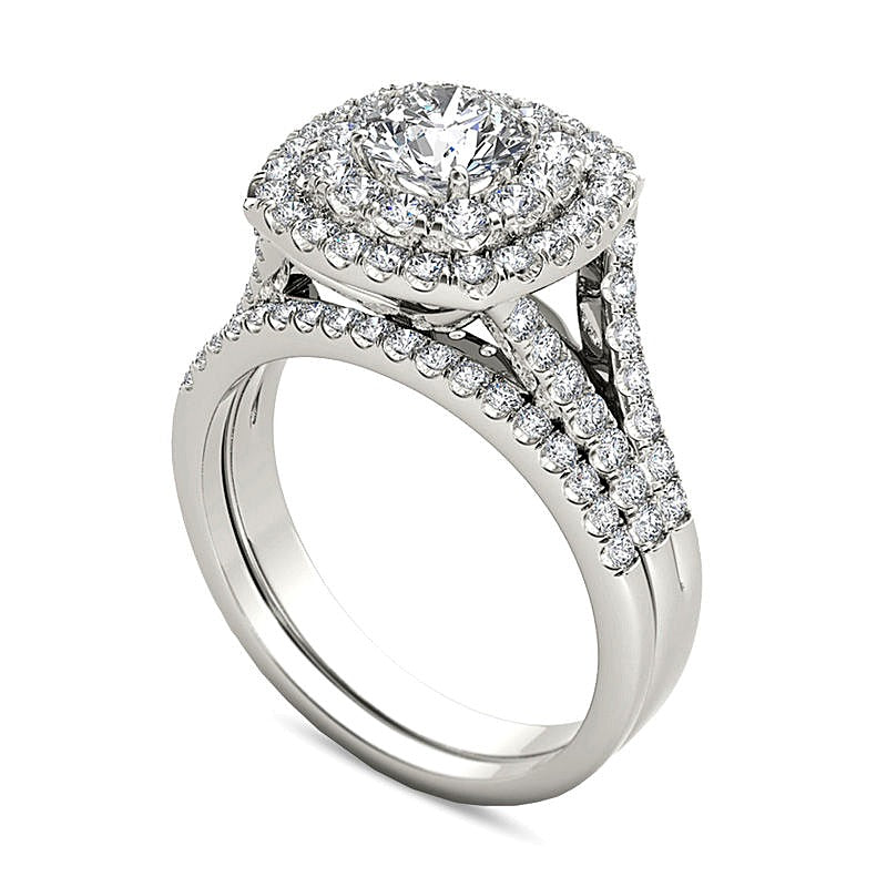 2.0 CT. TW Diamond Double Cushion Frame Split Shank Bridal Set in 14K White Gold
