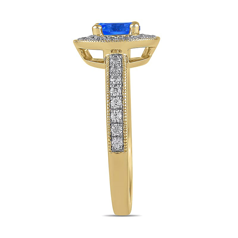 6.0mm Blue Sapphire and 0.38 CT. TW Lab-Grown Diamond Frame Vintage-Style Ring in 14K Gold