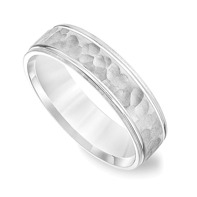 6.0mm Comfort-Fit Brushed Hammered Wedding Band in 14K White Gold