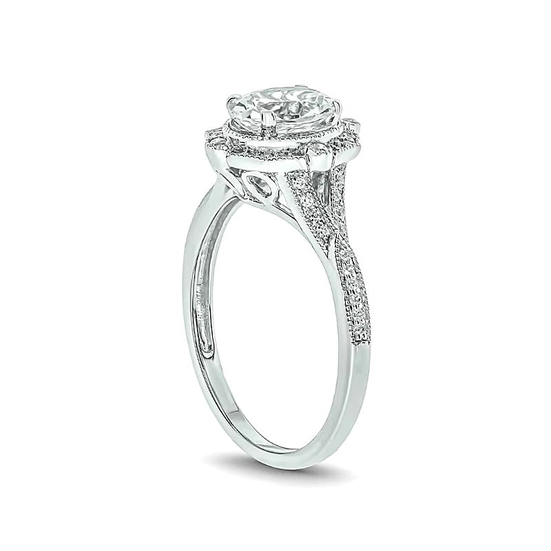 Oval Lab-Created White Sapphire and 0.2 CT. TW Diamond Ornate Frame Split Shank Vintage-Style Ring in 10K White Gold
