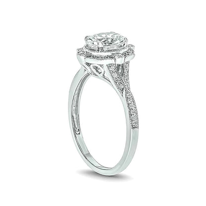 Oval Lab-Created White Sapphire and 0.2 CT. TW Diamond Ornate Frame Split Shank Vintage-Style Ring in 10K White Gold