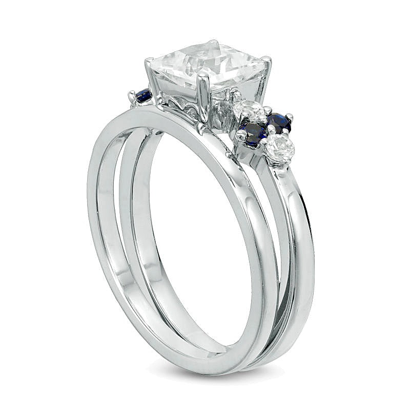 5.0mm Princess-Cut Lab-Created White and Blue Sapphire Quad-Sides Bridal Set in Sterling Silver