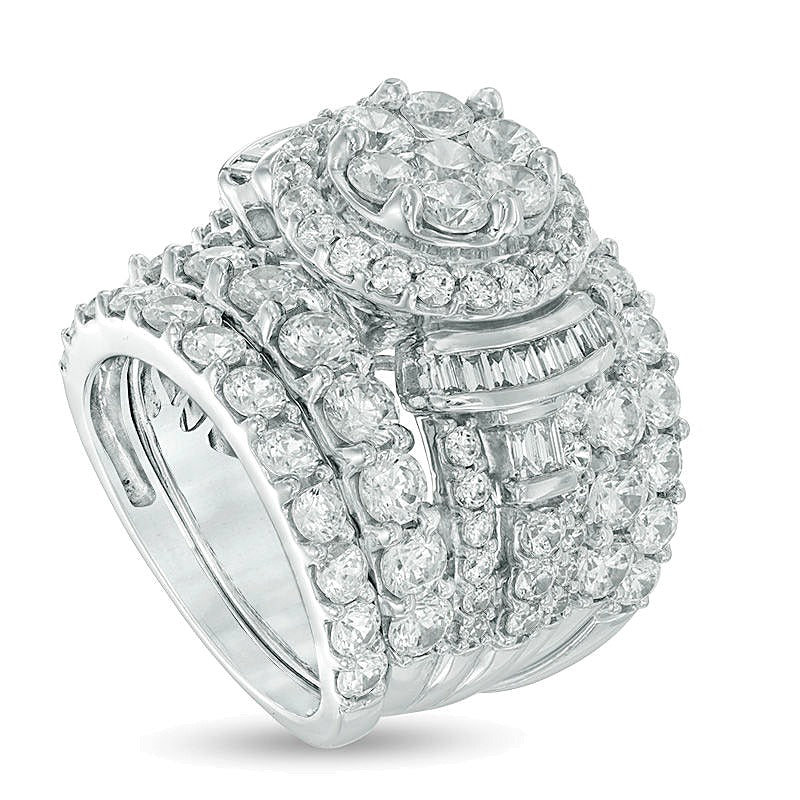 6.0 CT. TW Multi-Diamond Frame Collared Three Piece Bridal Set in 14K White Gold