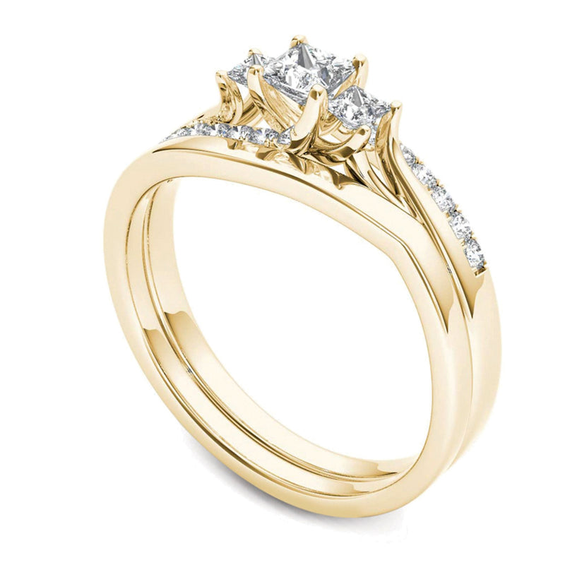 0.5 CT. TW Princess-Cut Diamond Three Stone Bypass Bridal Set in 14K Gold