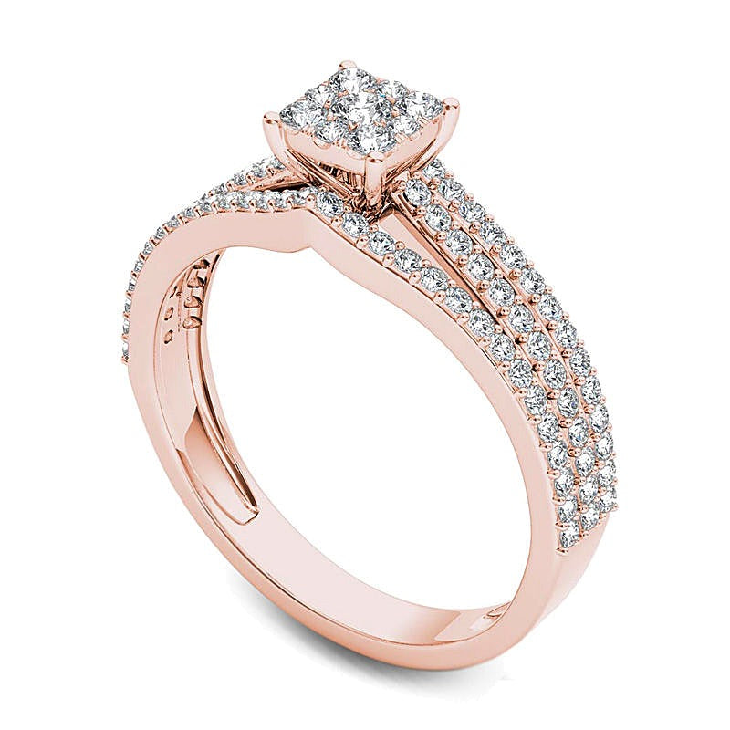 0.63 CT. TW Multi-Diamond Square Frame Three Row Engagement Ring in 14K Rose Gold