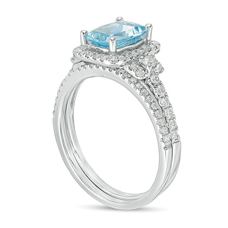 Cushion-Cut Aquamarine and 0.5 CT. TW Diamond Frame Bridal Set in 14K White Gold