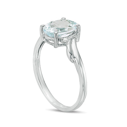 Oval Aquamarine and Diamond Accent Bypass Swirl Shank Ring in 10K White Gold