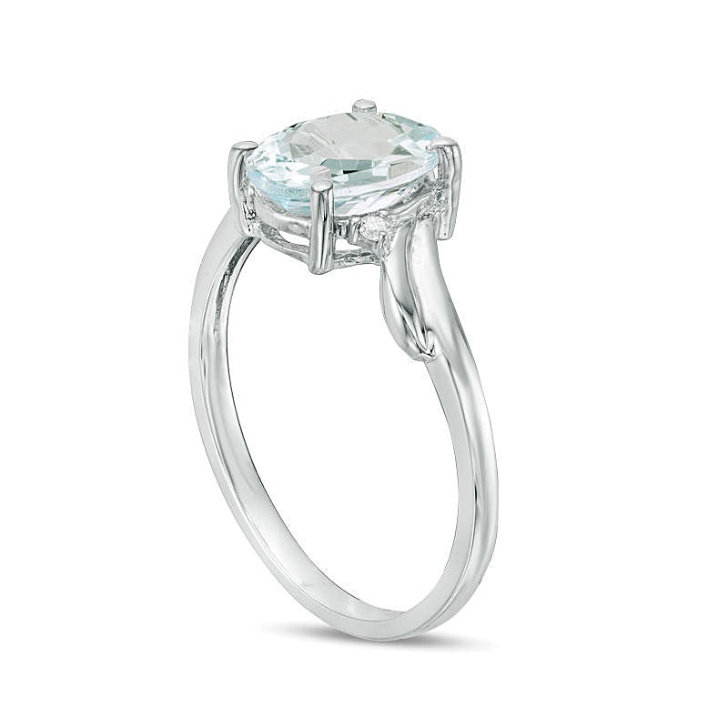 Oval Aquamarine and Diamond Accent Bypass Swirl Shank Ring in 10K White Gold