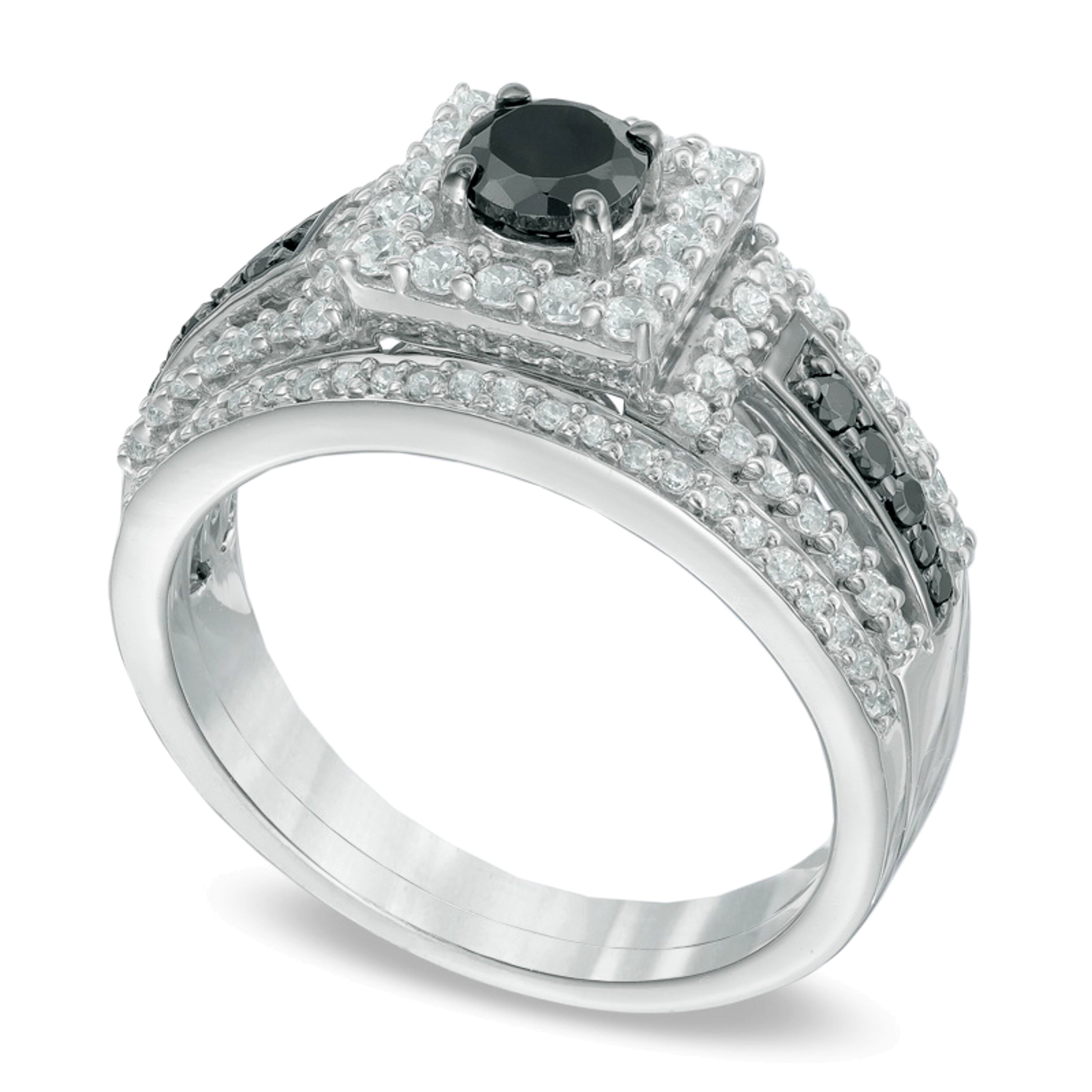 1.0 CT. TW Enhanced Black and White Diamond Square Frame Bridal Set in 10K White Gold