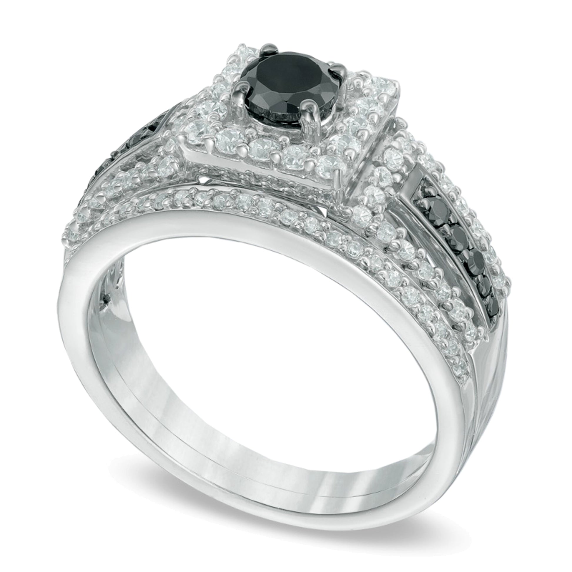 1.0 CT. TW Enhanced Black and White Diamond Square Frame Bridal Set in 10K White Gold