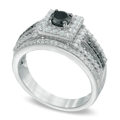 1.0 CT. TW Enhanced Black and White Diamond Square Frame Bridal Set in 10K White Gold
