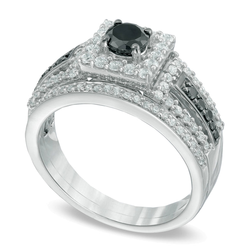 1.0 CT. TW Enhanced Black and White Diamond Square Frame Bridal Set in 10K White Gold
