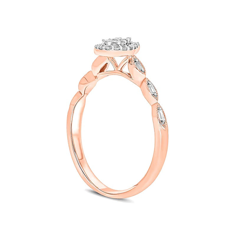 0.2 CT. TW Composite Baguette and Round Diamond Pear-Shaped Frame Scallop Shank Promise Ring in 10K Rose Gold