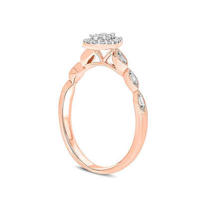 0.2 CT. TW Composite Baguette and Round Diamond Pear-Shaped Frame Scallop Shank Promise Ring in 10K Rose Gold