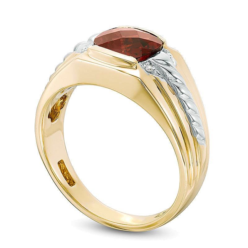 8.0mm Cushion-Shaped Garnet and Diamond Accent Comfort Fit Ring in 10K Gold