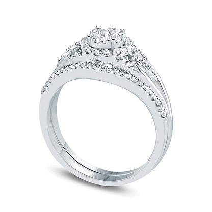 0.5 CT. TW Composite Diamond Flower Frame Petal-Sides Bridal Set in 10K White Gold