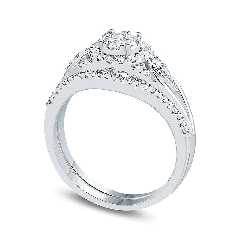 0.5 CT. TW Composite Diamond Flower Frame Petal-Sides Bridal Set in 10K White Gold