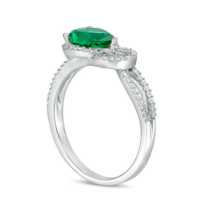 Pear-Shaped Lab-Created Emerald and 0.17 CT. TW Diamond Knot Frame Ring in Sterling Silver