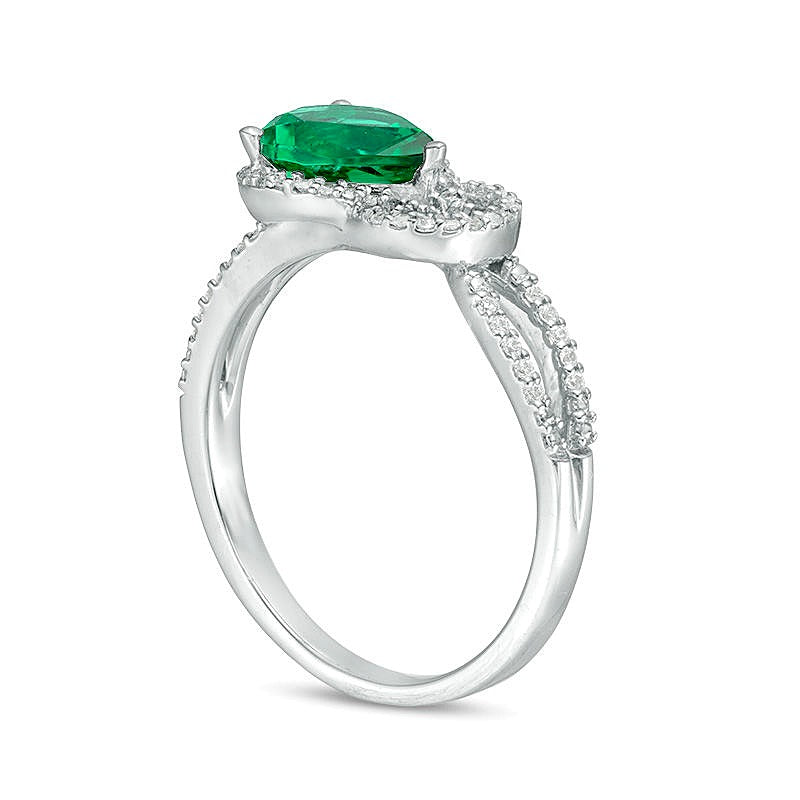 Pear-Shaped Lab-Created Emerald and 0.17 CT. TW Diamond Knot Frame Ring in Sterling Silver