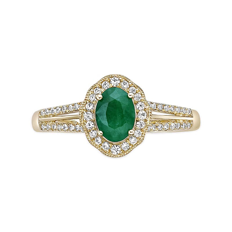 Oval Emerald and 0.25 CT. TW Diamond Frame Split Shank Ring in 10K Gold