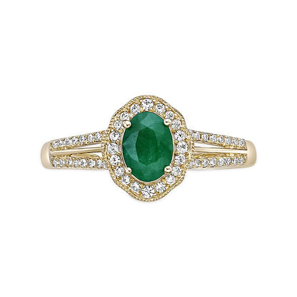 Oval Emerald and 0.25 CT. TW Diamond Frame Split Shank Ring in 10K Gold
