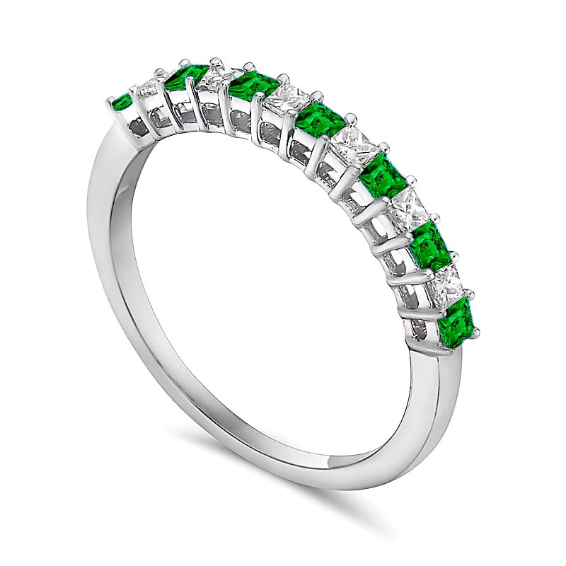 Princess-Cut Emerald and 0.2 CT. TW Princess-Cut Diamond Alternating Anniversary Band in 10K White Gold