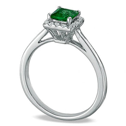 Princess-Cut Lab-Created Emerald and 0.14 CT. TW Diamond Engagement Ring in 10K White Gold