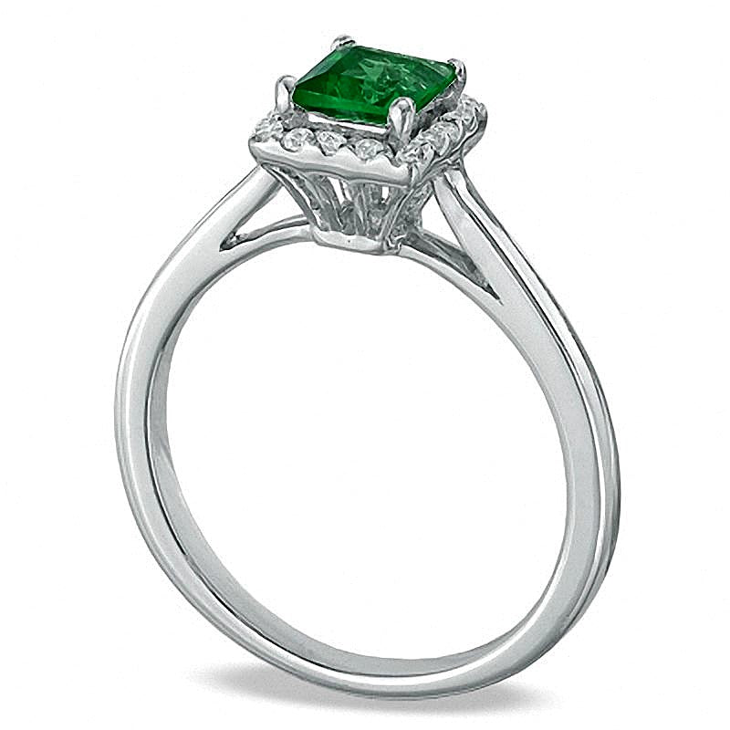Princess-Cut Lab-Created Emerald and 0.14 CT. TW Diamond Engagement Ring in 10K White Gold